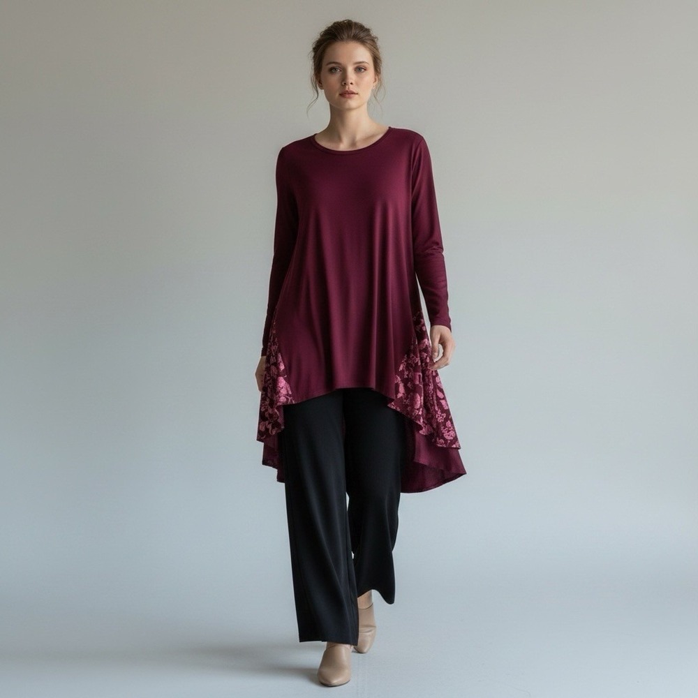 LOGO Cottagecore Lagenlook Gipsy Floral Velvet Burnout Tunic Top 3X Burgundy